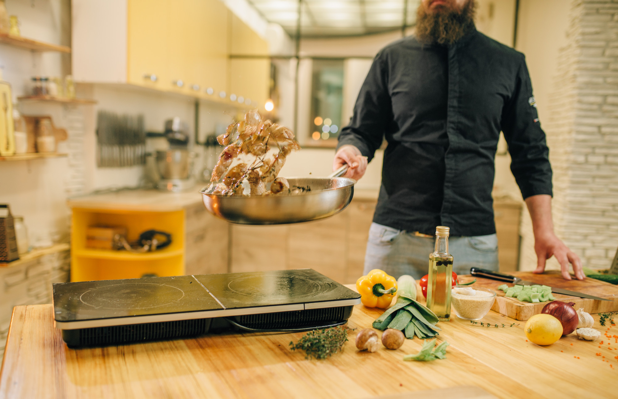 Open kitchen workspace with ingredients and tools
