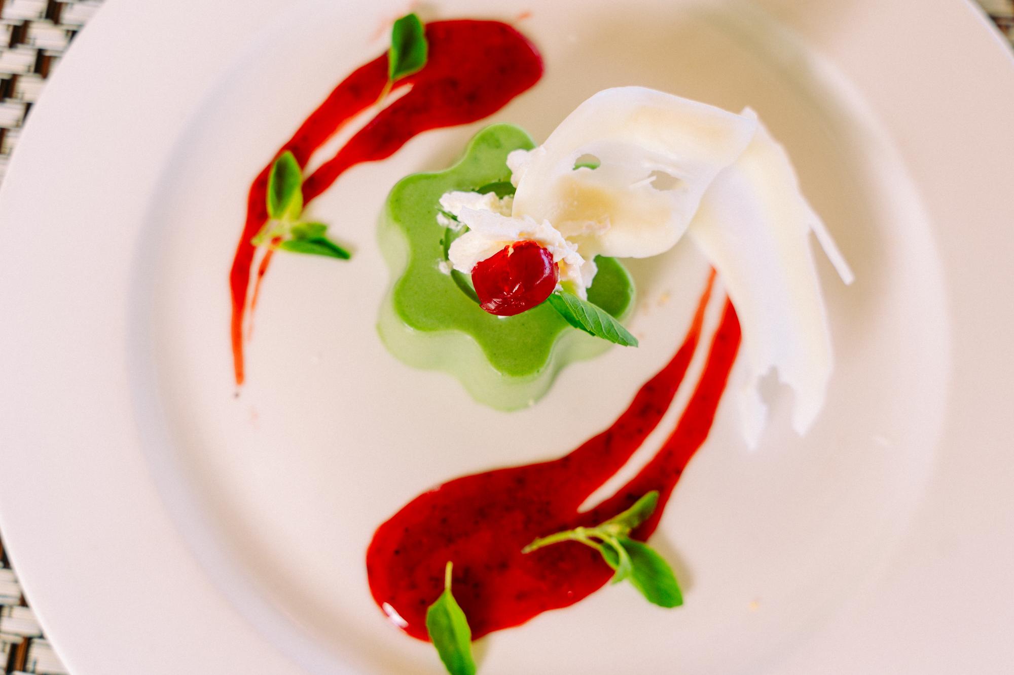 Close-up of creative garnish and sauce
